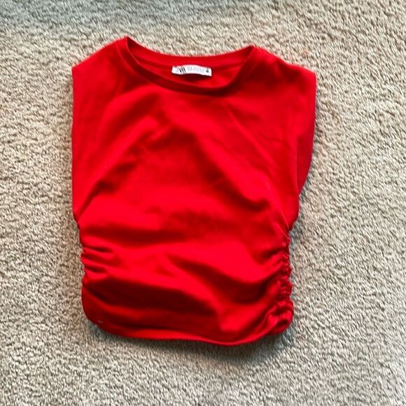 Zara Red Ruched Crop Muscle Tee size small - Picture 1 of 7